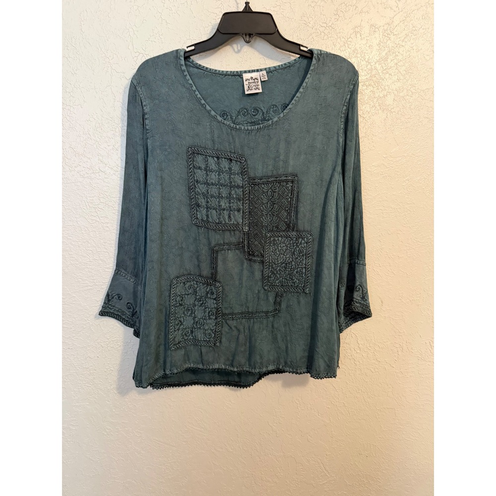 Parsley & Sage Embroidered Patchwork Boho Blouse 3/4 Sleeve Large Country